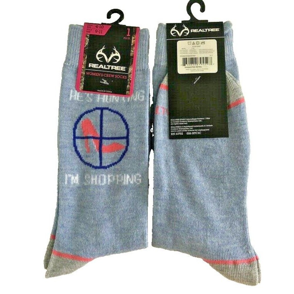 Realtree Womens Ladies Crew Socks Hes Hunting Im Shopping Blue Size 9-11